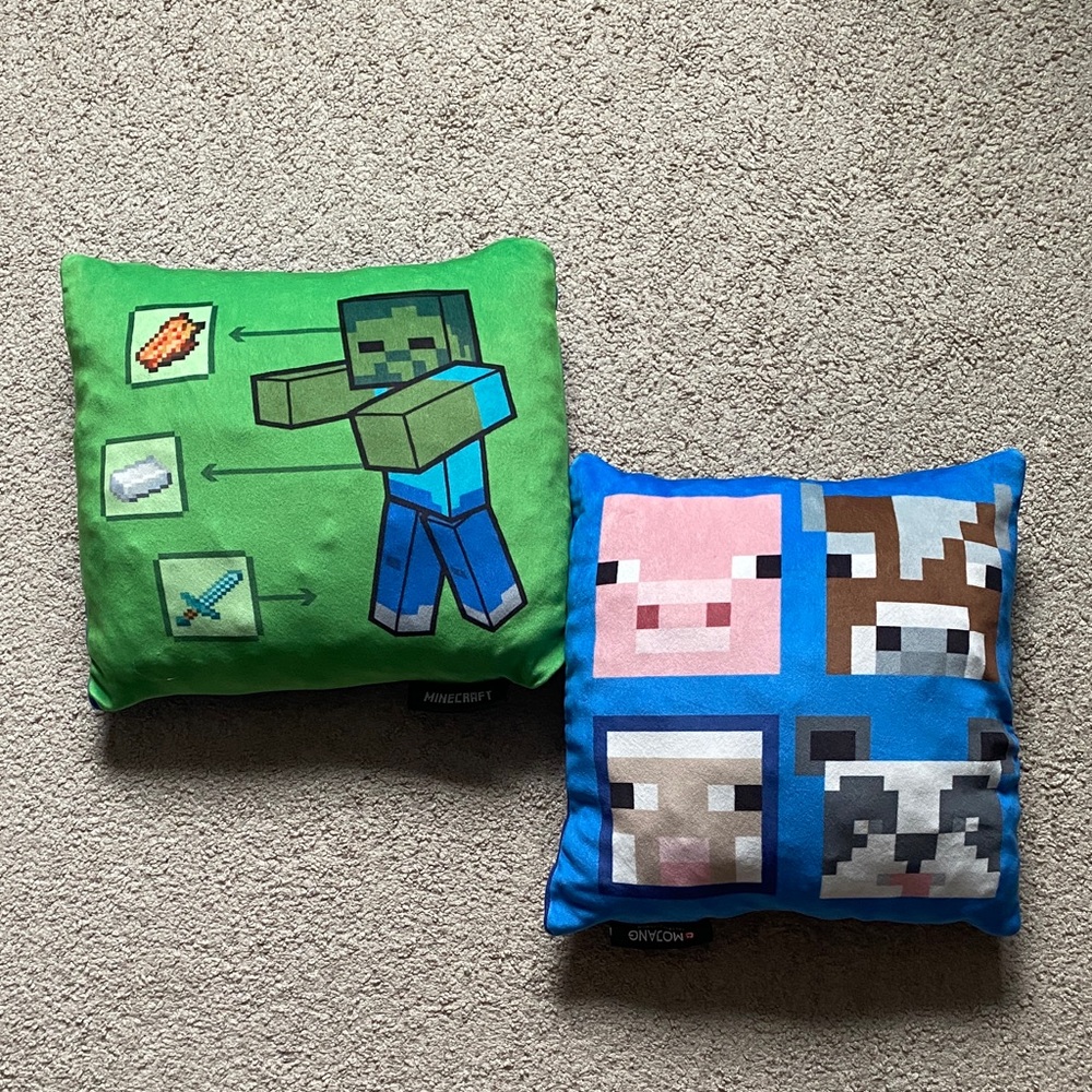 Minecraft Creeper Green Zombie & Blue Pixel Animal Throw Pillow Pair Set Of Two